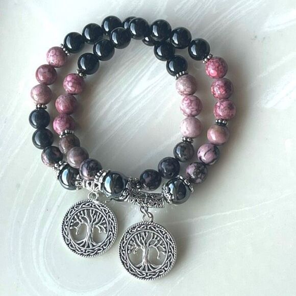 Rose coral jasper rhodonite hematite obsidian tree of life ONE NEW stretch brace - Picture 2 of 16
